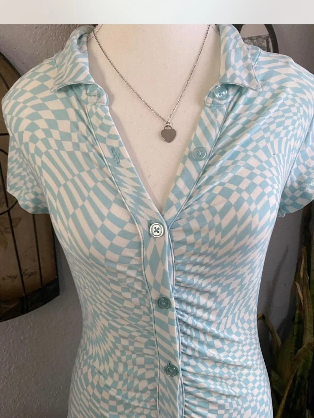 Light Blue Patterned Midi Button-Front Dress - Picture 3 of 7